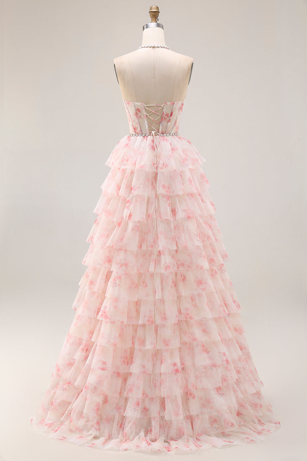 Candy Pink A Line Tiered Beaded Long Corset Prom Dress