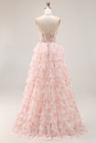 Candy Pink A Line Tiered Beaded Long Corset Prom Dress