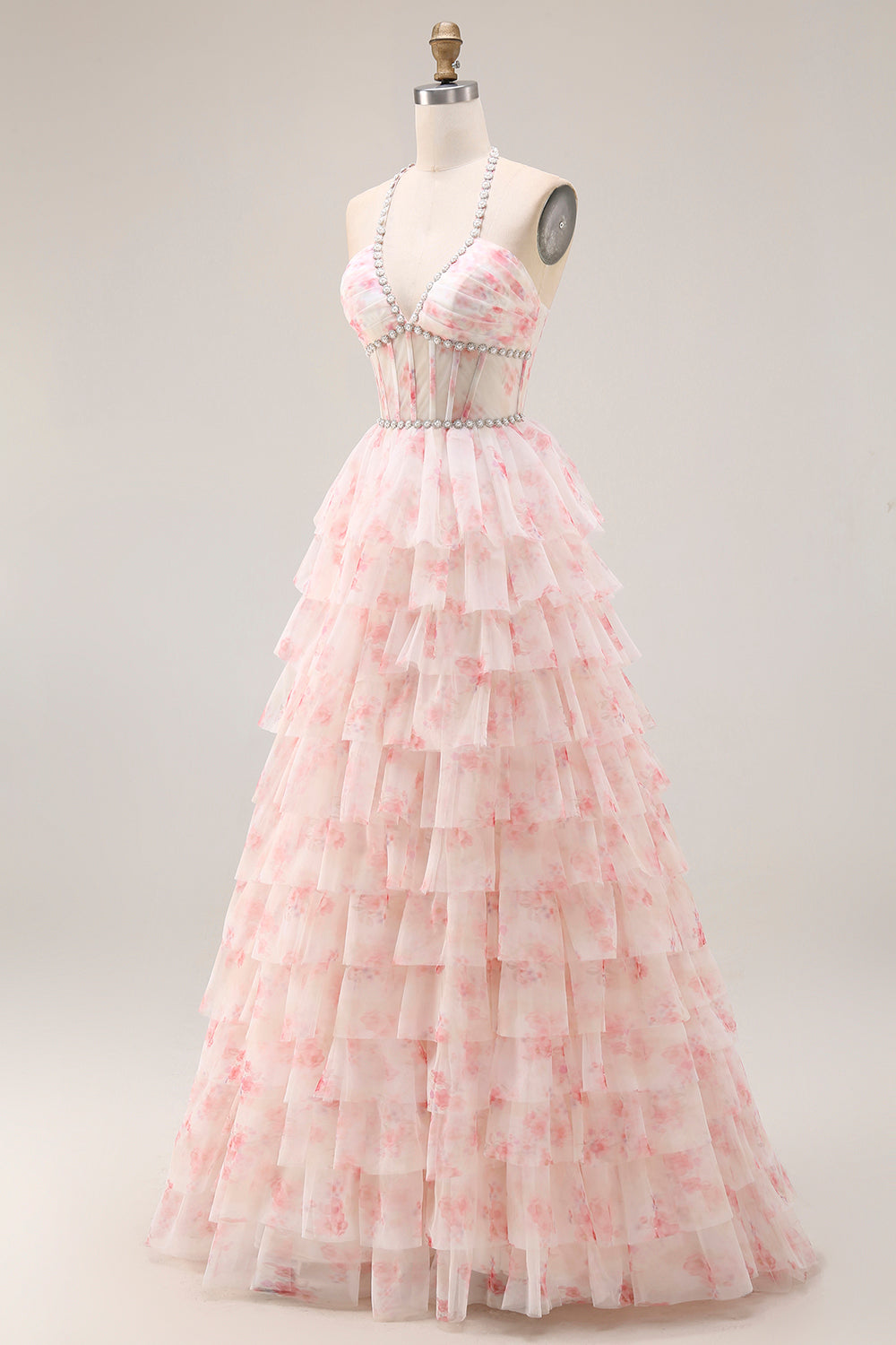 Candy Pink A Line Tiered Beaded Long Corset Prom Dress