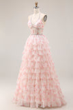 Candy Pink A Line Tiered Beaded Long Corset Prom Dress