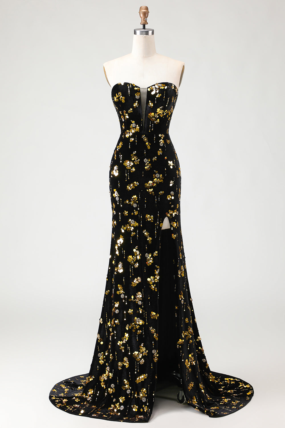 Sparkly Black and Golden Floral Mermaid Long Prom Dress with Slit