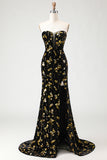 Sparkly Black and Golden Floral Mermaid Long Prom Dress with Slit