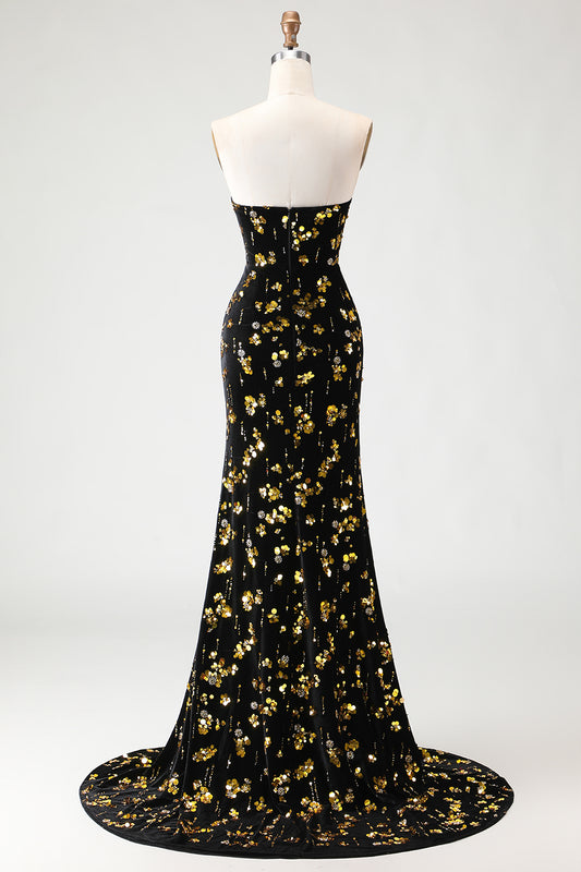 Sparkly Black and Golden Floral Mermaid Long Prom Dress with Slit