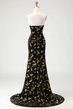 Sparkly Black and Golden Floral Mermaid Long Prom Dress with Slit