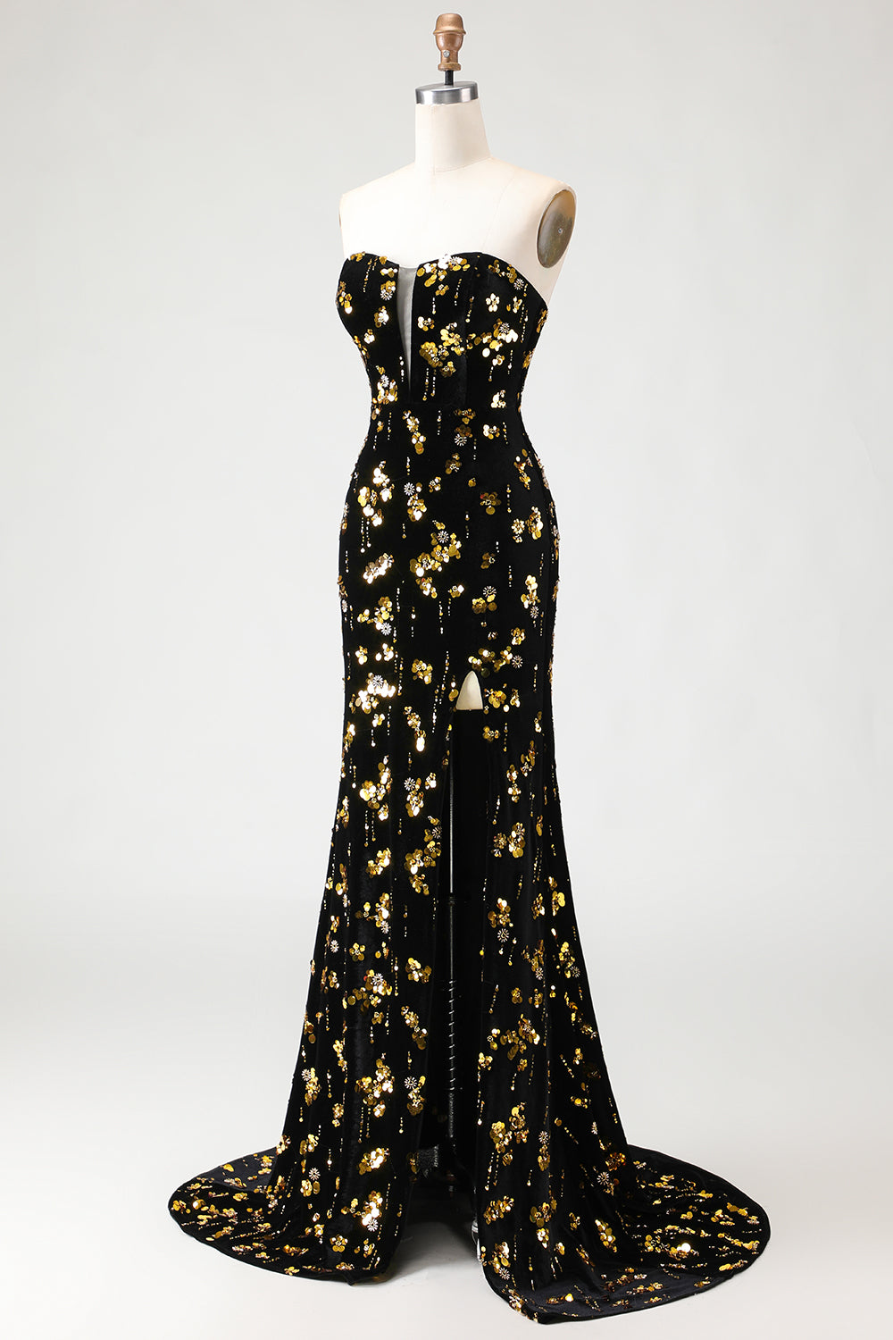 Sparkly Black and Golden Floral Mermaid Long Prom Dress with Slit