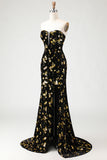 Sparkly Black and Golden Floral Mermaid Long Prom Dress with Slit