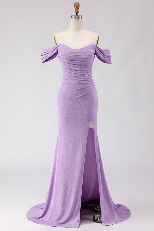 Purple Mermaid Off the Shoulder Long Prom Dress with Slit
