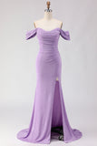 Purple Mermaid Off the Shoulder Long Prom Dress with Slit