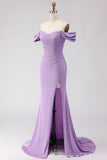 Purple Mermaid Off the Shoulder Long Prom Dress with Slit