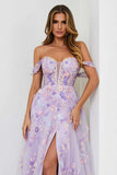 Lilac Corset Embroidered A Line Floral Long Prom Dress with Slit