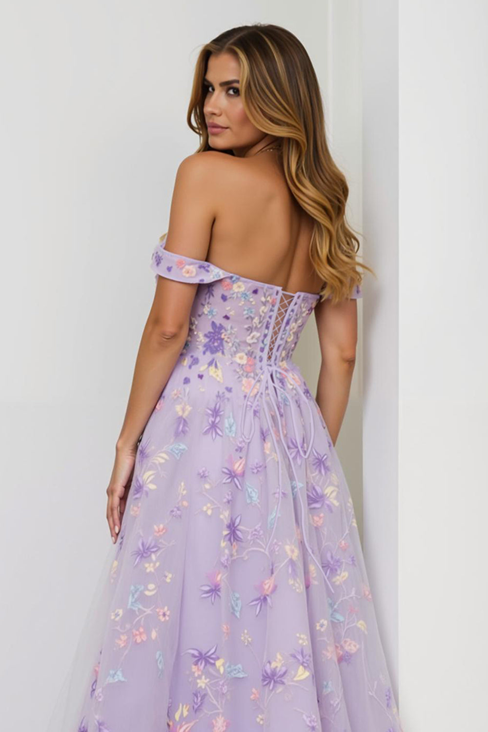 Lilac Corset Embroidered A Line Floral Long Prom Dress with Slit