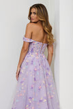 Lilac Corset Embroidered A Line Floral Long Prom Dress with Slit