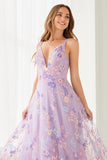 Lilac Floral A Line Embroidered V-Neck Long Prom Dress