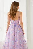Lilac Floral A Line Embroidered V-Neck Long Prom Dress