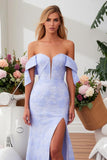 Blue Jacquard Mermaid Long Floral Prom Dress with Slit