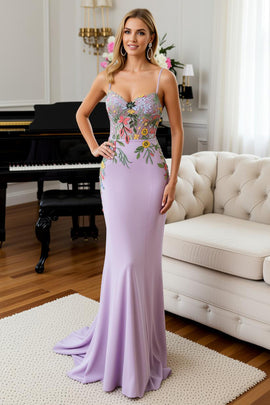 Lilac Floral Mermaid Spaghetti Straps Long Prom Dress