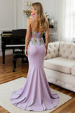 Lilac Floral Mermaid Spaghetti Straps Long Prom Dress