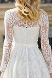 Ivory Lace A Line Long Wedding Dress with Sleeves