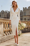 Ivory V-Neck Bodycon Ruched Midi Engagement Dress with Slit