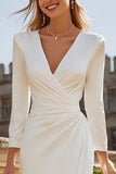 Ivory V-Neck Bodycon Ruched Midi Engagement Dress with Slit
