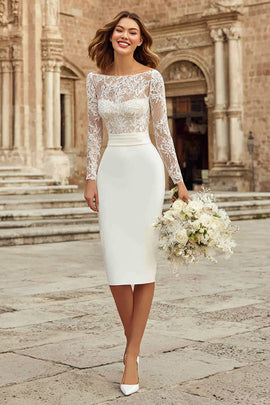 Zapaka Women Ivory Bodycon Midi Engagement Dress with Lace Bateau Neck Long Sleeve Bridal Dress, Ivory / US24W Zapaka Women Ivory Bodycon Midi Engagement Dress with Lace Bateau Neck Long Sleeve Bridal Dress, Ivory / US24W