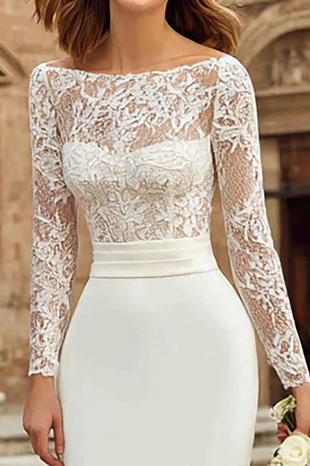Zapakasa Women Ivory Lace Midi Wedding Dress with Sleeves Bateau Neck Bodycon Engagement Dress Zapakasa Women Ivory Lace Midi Wedding Dress with Sleeves Bateau Neck Bodycon Engagement Dress