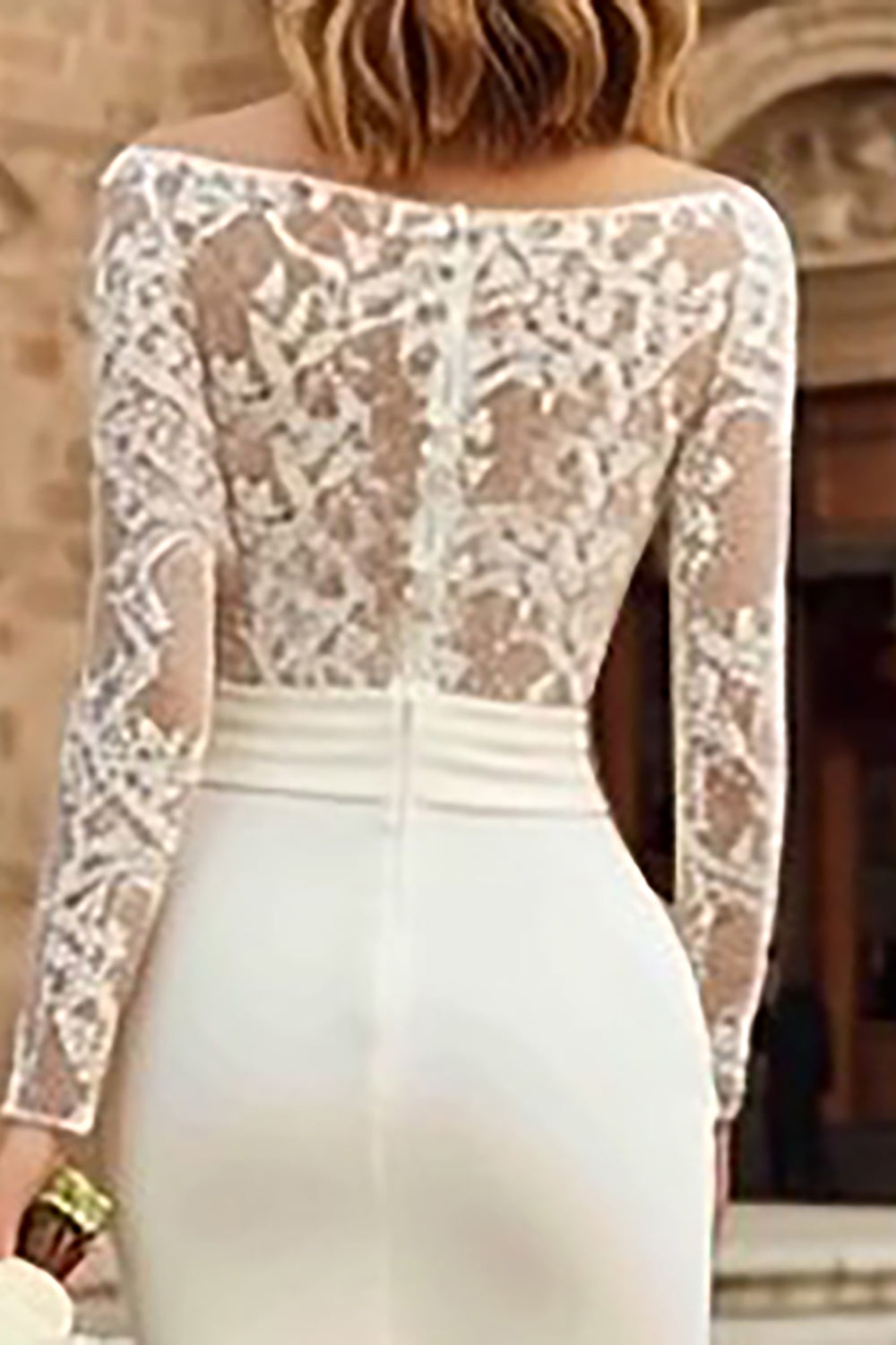 Zapakasa Women Ivory Lace Midi Wedding Dress with Sleeves Bateau Neck Bodycon Engagement Dress Zapakasa Women Ivory Lace Midi Wedding Dress with Sleeves Bateau Neck Bodycon Engagement Dress