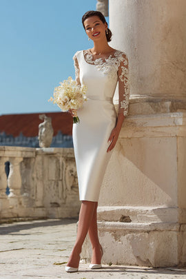 Ivory Bodycon Appliqued Midi Wedding Dress with Sleeves