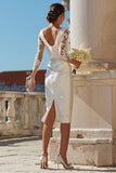 Ivory Bodycon Appliqued Midi Wedding Dress with Sleeves
