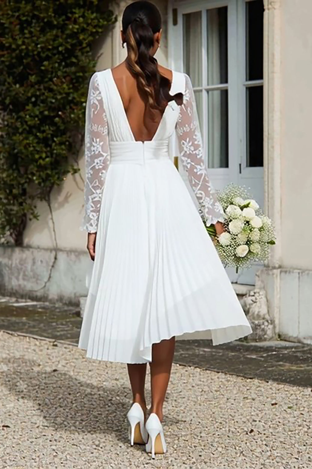 Zapakasa Women Ivory Pleated Midi Engagement Dress with Lace V-Neck A
