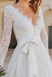 Ivory Lace A Line Midi Boho Wedding Dress with Sleeves