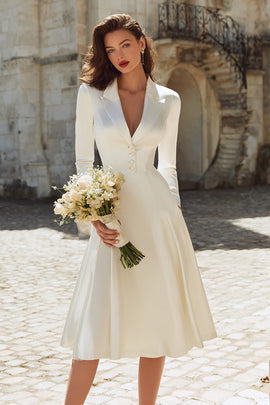Zapaka Women Ivory Satin Midi Engagement Dress with Long Sleeves Peaked Lapel A Line Bridal Dress, Ivory / US2 Zapaka Women Ivory Satin Midi Engagement Dress with Long Sleeves Peaked Lapel A Line Bridal Dress, Ivory / US2