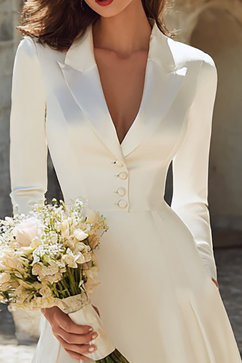 Zapakasa Ivory Peak Lapel Midi Engagement Blazer Dress with Sleeves Satin A Line Bridal Dress with Buttons Zapakasa Ivory Peak Lapel Midi Engagement Blazer Dress with Sleeves Satin A Line Bridal Dress with Buttons