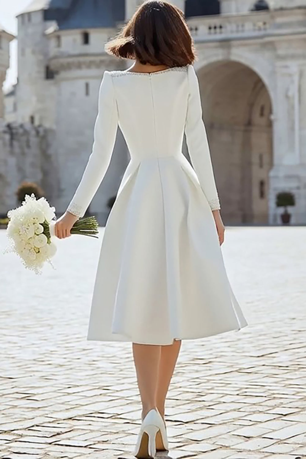 Sparkly Ivory A Line V-Neck Midi Engagement Dress with Sleeves