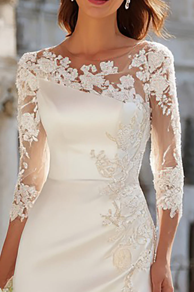 Zapakasa Women Ivory Sheath Long Bridal Dress with Slit Appliqued Boat ...