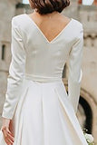 Ivory Boat Neck A Line Long Engagement Dress with Sleeves
