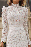 Ivory High Neck Ruffled Lace Midi Engagement Dress with Sleeves