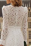 Ivory High Neck Ruffled Lace Midi Engagement Dress with Sleeves