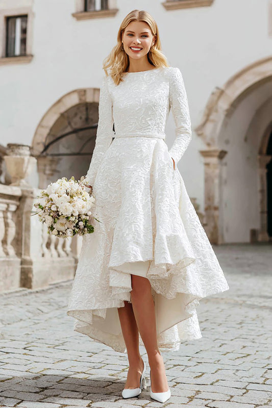 Ivory A Line Boat Neck High-Low Engagement Dress with Pockets