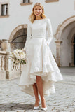 Ivory A Line Boat Neck High-Low Engagement Dress with Pockets