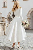 Ivory A Line Boat Neck High-Low Engagement Dress with Pockets