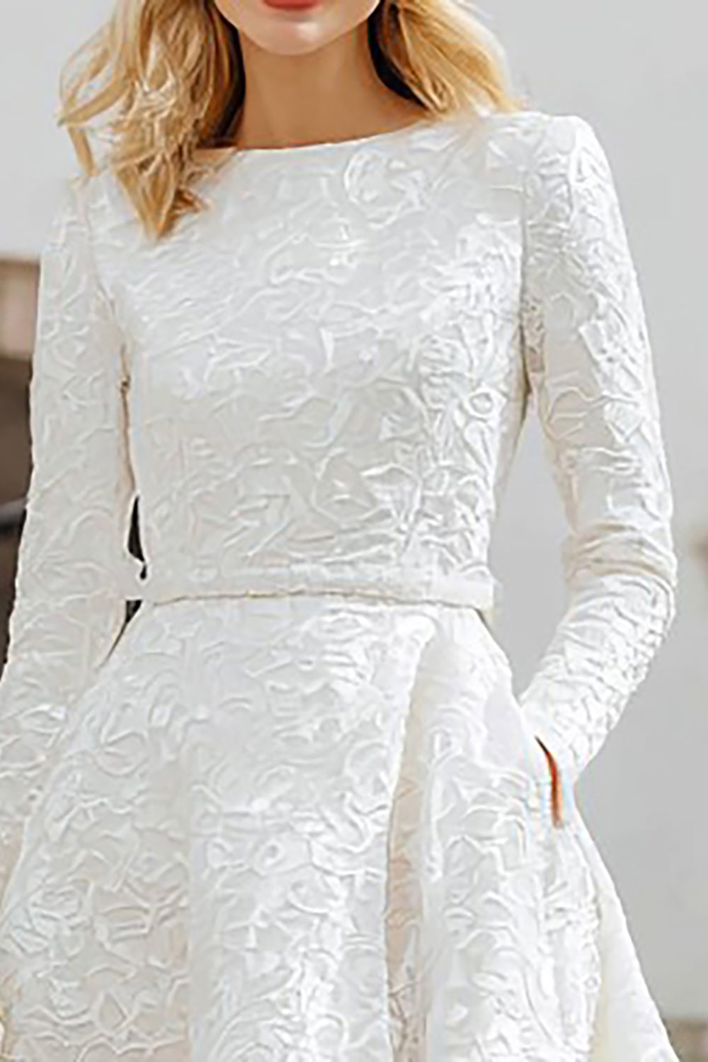 Ivory A Line Boat Neck High-Low Engagement Dress with Pockets