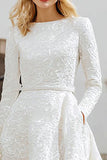 Ivory A Line Boat Neck High-Low Engagement Dress with Pockets