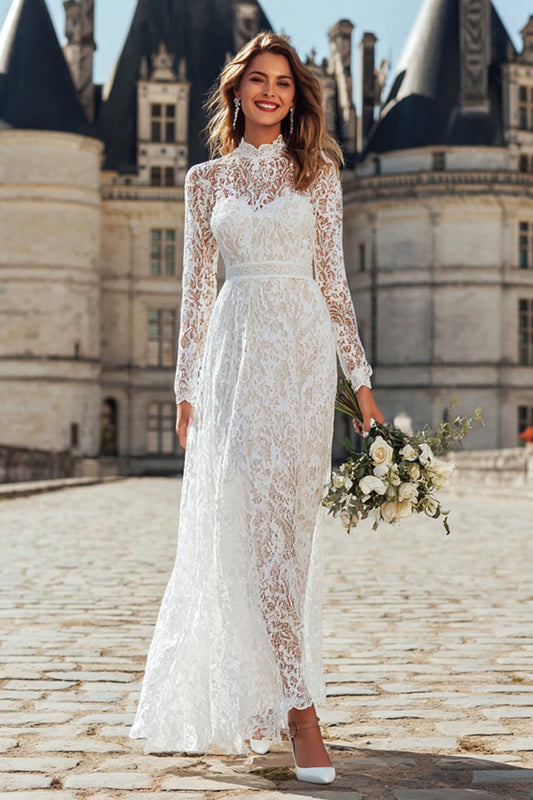 Ivory Lace High Neck Floor Length Wedding Dress with Sleeves