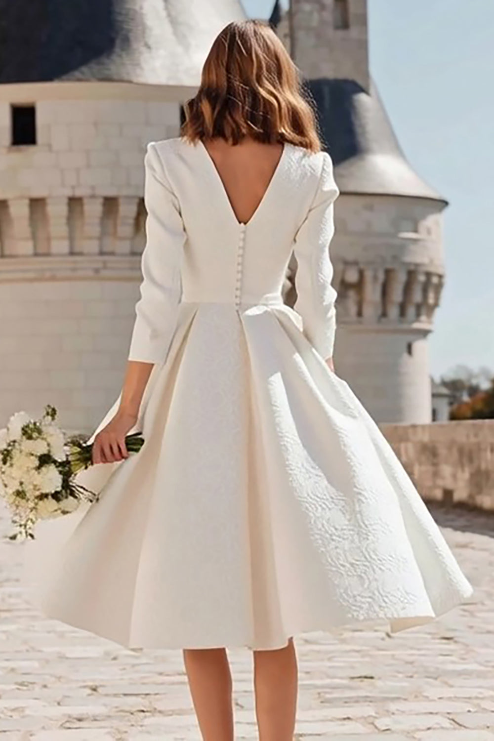 Zapakasa Women Simple Ivory Midi Engagement Dress with Sleeves A Line V