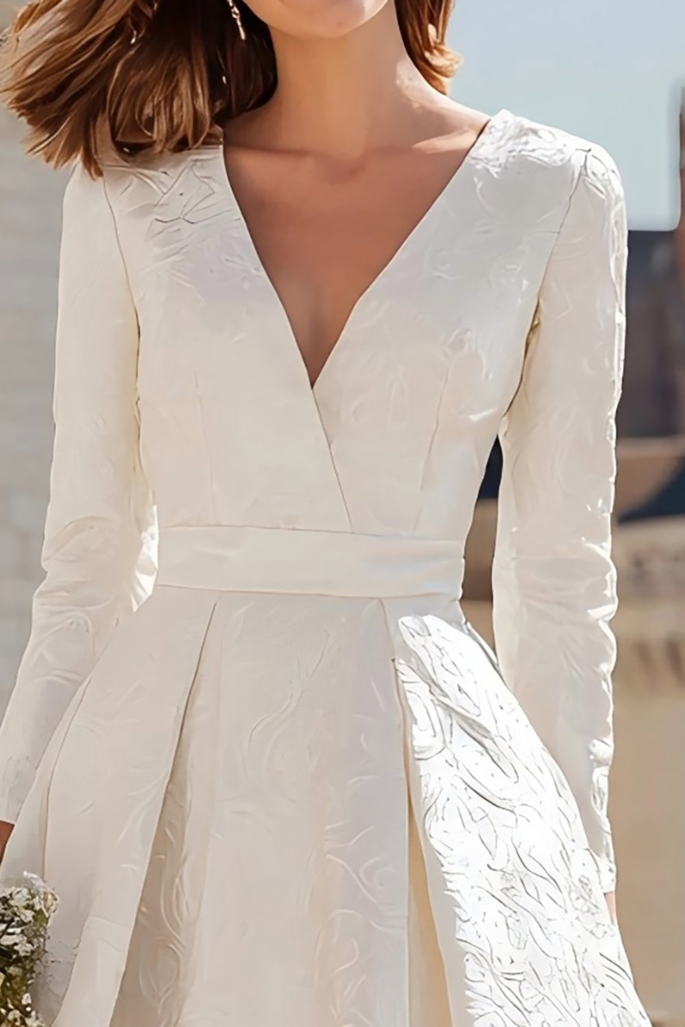 Simple Ivory A Line V-Neck Midi Engagement Dress with Sleeves
