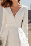 Simple Ivory A Line V-Neck Midi Engagement Dress with Sleeves