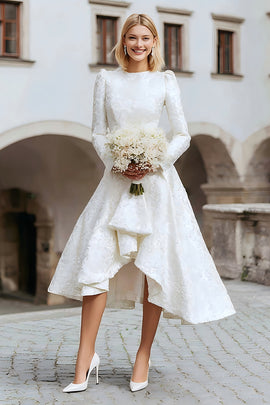 Ivory A Line Round Neck High-Low Wedding Dress with Sleeves