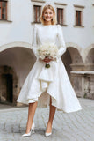 Ivory A Line Round Neck High-Low Wedding Dress with Sleeves