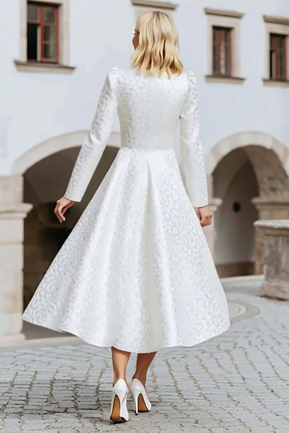 Ivory A Line Round Neck High-Low Wedding Dress with Sleeves